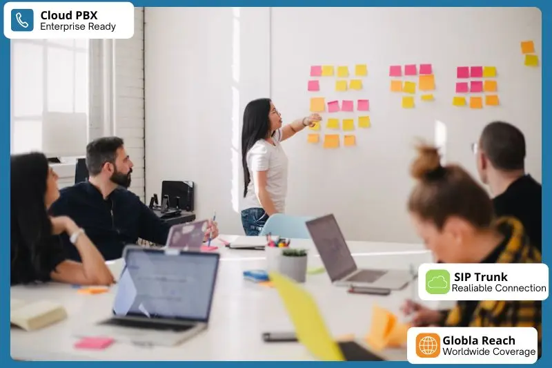 Enterprise VoIP team meeting: Powerful cloud PBX and reliable SIP trunk solutions for businesses – connected, flexible and globally accessible.